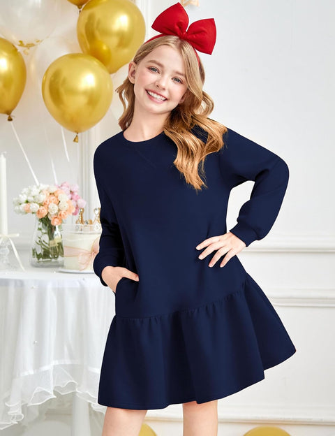 Arshiner Girls Dresses Long Sleeve Pullover Drop Shoulder Dress