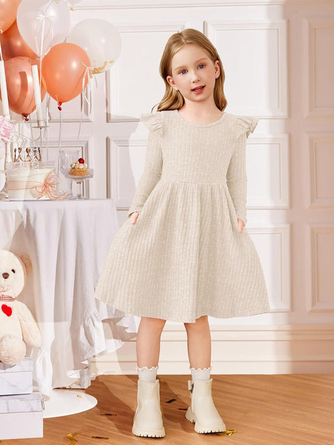Arshiner Girl Dress Baby Girls Knitted Ruffle Sleeve Dresses