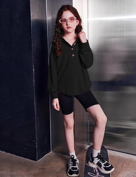 Arshiner Girls Button Collar Kids Hooded Sweatshirt