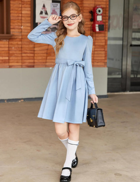 Arshiner Girls Dresses Puff Long Sleeve Formal Belted Dress