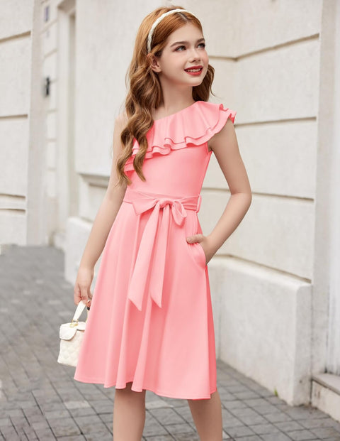[5Y-12Y] Arshiner Girls Dress One Shoulder Formal Ruffle Trim Party Dresses