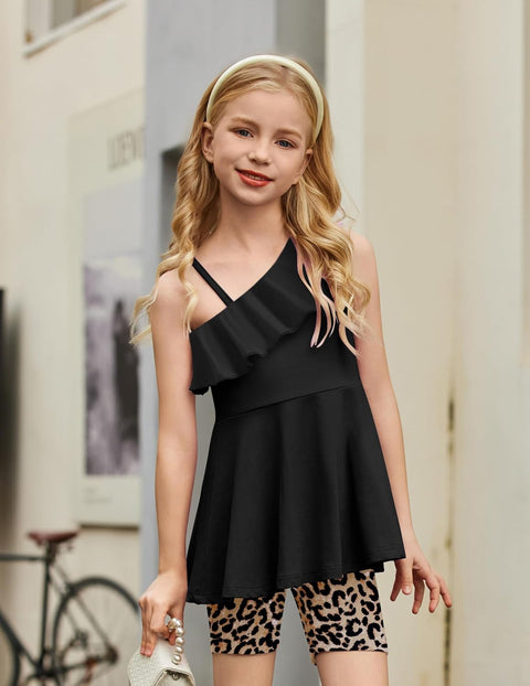 Arshiner Girls 2 Piece Outfits One Shoulder Ruffle Trim Top and Short Sets 6-14 Years