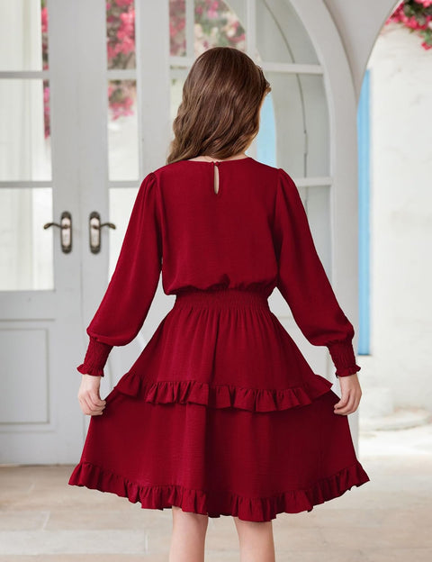 Arshiner Girls Long Sleeve Dress Boho Tiered Ruffle Hem Smocked Waist Midi Dress