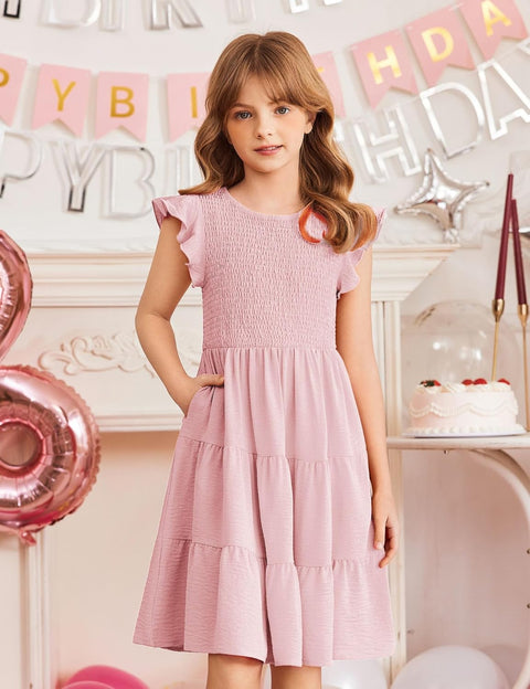 Arshiner Girls Dress Ruffle Sleeve Smocked Tiered Sundress