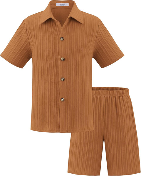 [5Y-12Y] Arshiner Boy's Textured Button Up Shirt and Shorts Set