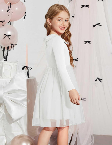 Arshiner Tutu Dress Girls Long Sleeve Peter Pan Collar Party Dresses