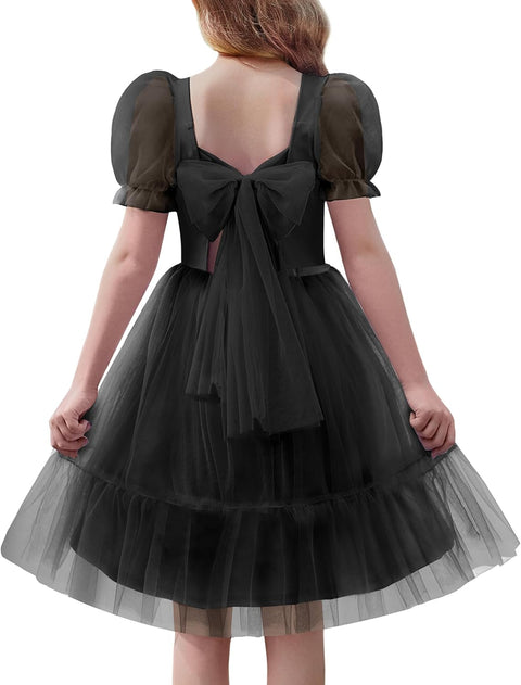 【6-16Y】Arshiner Girls Dresses Tulle Bow Tie Back Puff Sleeve Dress