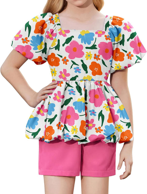 Arshiner Girls 2 Piece Sets Puffed Sleeve Bubble Hem Tops and Short Set
