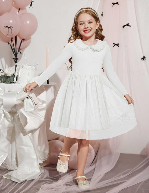 Arshiner Tutu Dress Girls Long Sleeve Peter Pan Collar Party Dresses