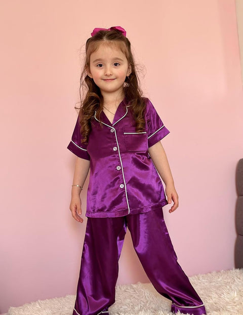 Arshiner Girls Pajamas Silk Satin Button Down Pjs 2 Piece Short Sleeve Sleepwear Set