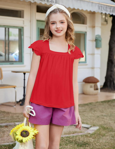 Arshiner Girls Shirts Short Sleeve Square Neck Lace Pleated Tops Blouse Tunic