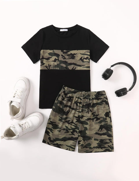 Arshiner Boys' 2-Piece Cotton Outfit Color Block T-Shirt and Shorts Set