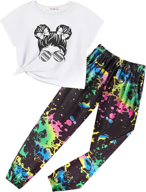 【6-14Y】Arshiner Girls 2 Piece Sets Drop Shoulder Top Sweatpants Jogger