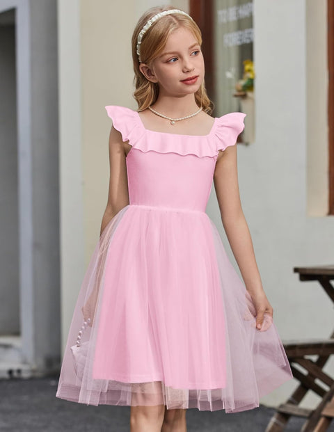 Arshiner Girls Dresses Square Neck Ruffle Sleeve Tulle Dress 6-14 Years