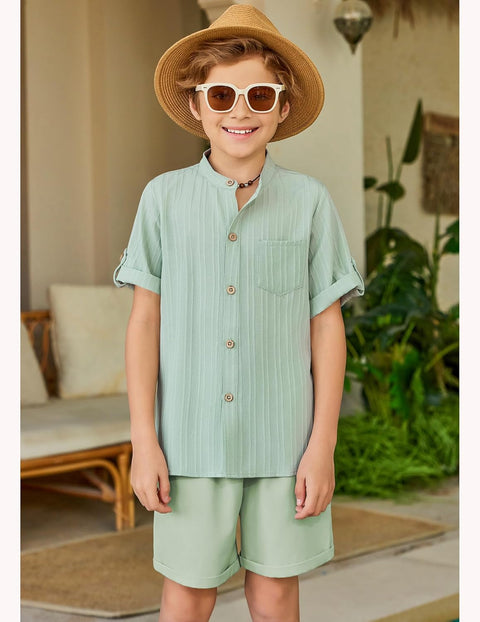 Arshiner Boy's 2 Piece Outfit Short Sleeve Textured Shirt and Short Sets