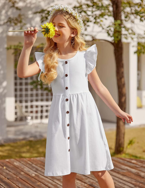 Arshiner Girls Dress Flutter Sleeve A-Line Button Down Sundress