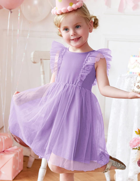 【2-8Y】Arshiner Toddler Dress Ruffle Sleeve V-Back Tie Waist Girl Dresses