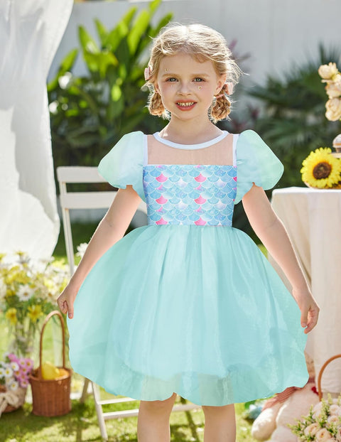 Arshiner Girls Dress Contrast Mesh Puff Flowy Bubble Hem Dresses