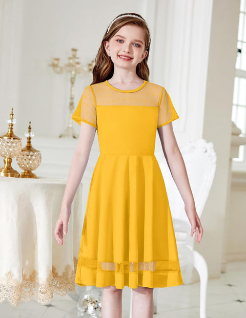 Arshiner Tween Girls Dress Formal Contrast Mesh Short Sleeve A Line Party Dresses