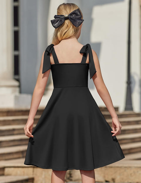 [6Y-11Y] Arshiner Girls Dress Tie Strap Solid Color Party Dresses