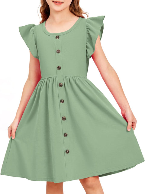 Arshiner Toddler Girls Dresses Flutter Sleeve Decorative Button Down A-line Sundress