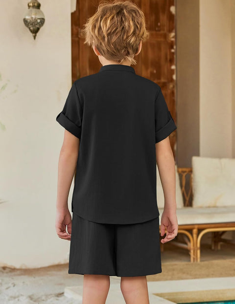 Arshiner Boy's 2 Pieces Linen Sets Henley Shirt and Shorts 5-12 Years