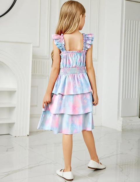 [6-14Y] Arshiner Girls Dresses Ruffle Flutter Sleeve Floral Tiered Party Dress