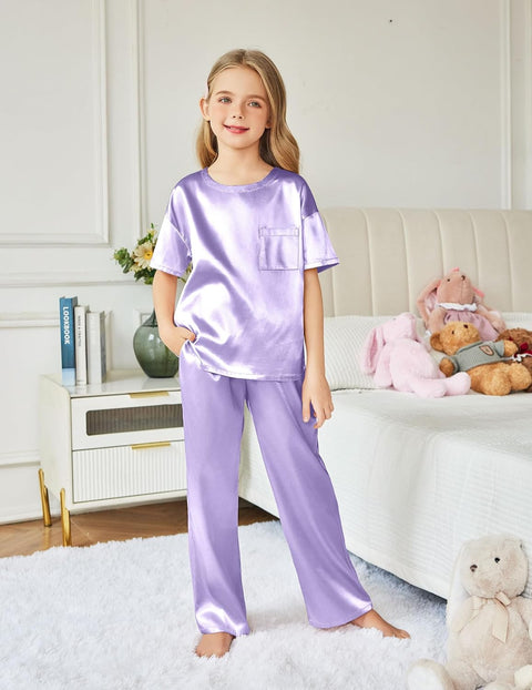 Arshiner Girls' Pajama Sets Satin Soft Silk Pjs Lounge Set Sleepwear