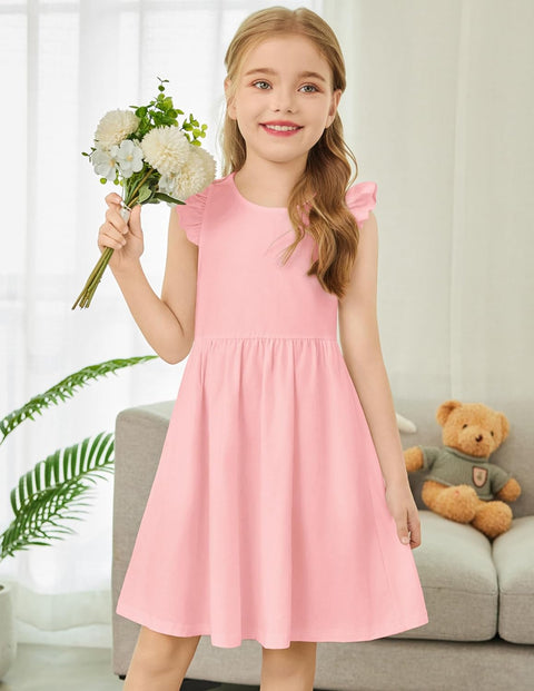 Arshiner Toddler Dress Girls Summer Ruffle Sleeve Backless Dresses Casual Sundress with Pockets 2-8Y