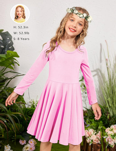 Arshiner Girls Long Sleeve Stretchy Dress A line Twirly Skater School Party Dress