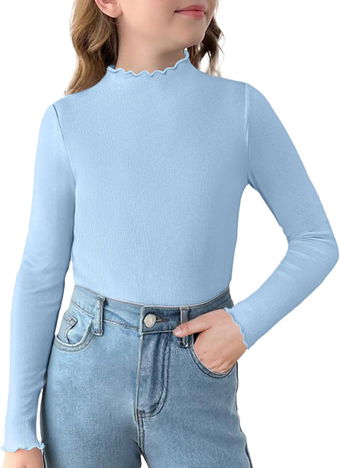 Arshiner Girls Lettuce Trim Mock Neck Ribbed Knit Tops