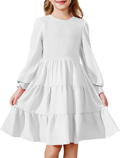 Arshiner Girls Dress Fall Boho Long Sleeve Shirred Smocked Tiered Party Dresses