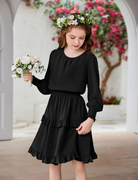Arshiner Girls Long Sleeve Dress Boho Tiered Ruffle Hem Smocked Waist Midi Dress