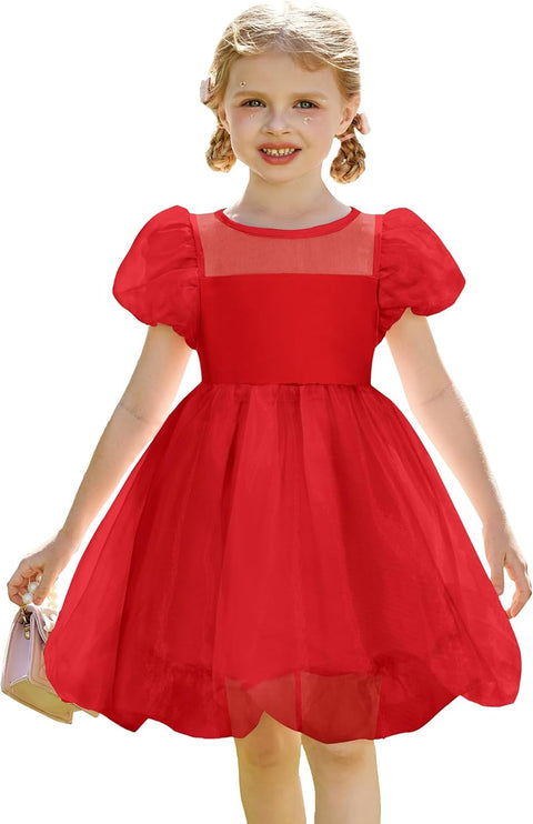 Arshiner Girls Dress Contrast Mesh Puff Flowy Bubble Hem Dresses
