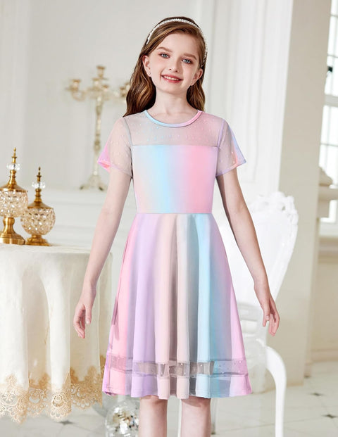 Arshiner Tween Girls Dress Formal Contrast Mesh Short Sleeve A Line Party Dresses