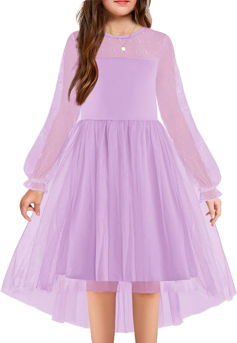 Arshiner Girls Dresses Contrast Mesh Long Sleeve Twirly Formal Dress