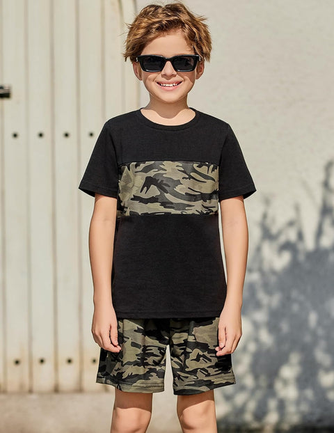 Arshiner Boys' 2-Piece Cotton Outfit Color Block T-Shirt and Shorts Set