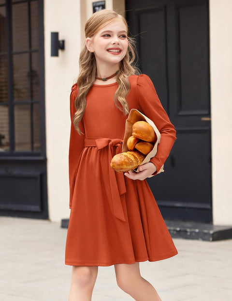 Arshiner Girls Dresses Puff Long Sleeve Formal Belted Dress
