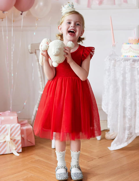 【2-8Y】Arshiner Toddler Lace Tutu Dresses Ruffle Sleeve 3 Layers Tulle Flower Dress