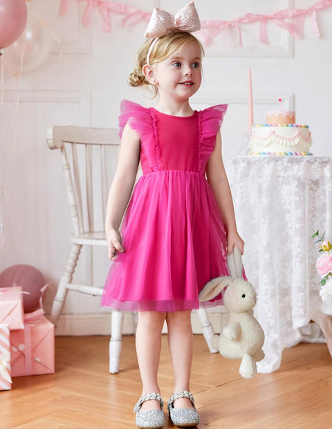 【2-8Y】Arshiner Toddler Dress Ruffle Sleeve V-Back Tie Waist Girl Dresses