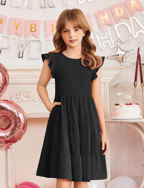 Arshiner Girls Dress Ruffle Sleeve Smocked Tiered Sundress