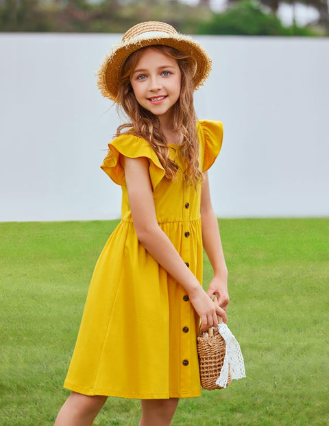 Arshiner Girls Dress Flutter Sleeve A-Line Button Down Sundress