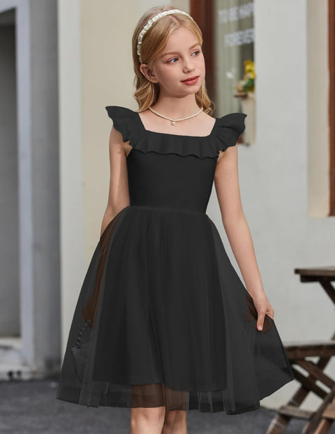 Arshiner Girls Dresses Square Neck Ruffle Sleeve Tulle Dress 6-14 Years