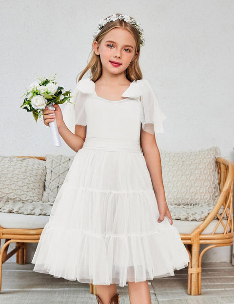 Arshiner Girls Dresses Sleeveless Bow-Tie Straps Tulle Dress