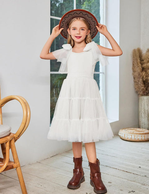 Arshiner Girls Dresses Sleeveless Bow-Tie Straps Tulle Dress