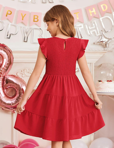 Arshiner Girls Dress Ruffle Sleeve Smocked Tiered Sundress
