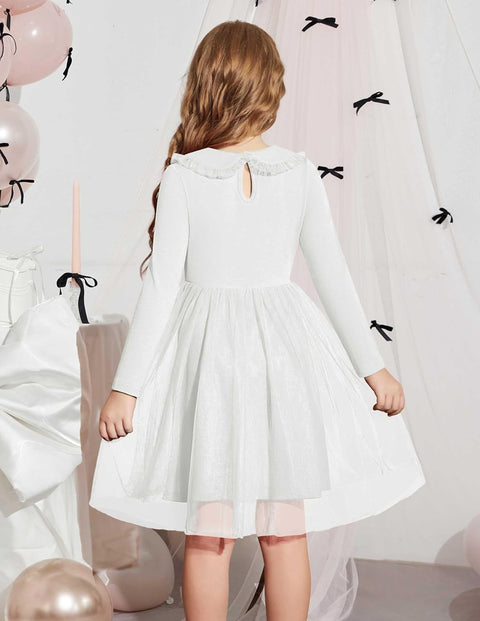 Arshiner Tutu Dress Girls Long Sleeve Peter Pan Collar Party Dresses