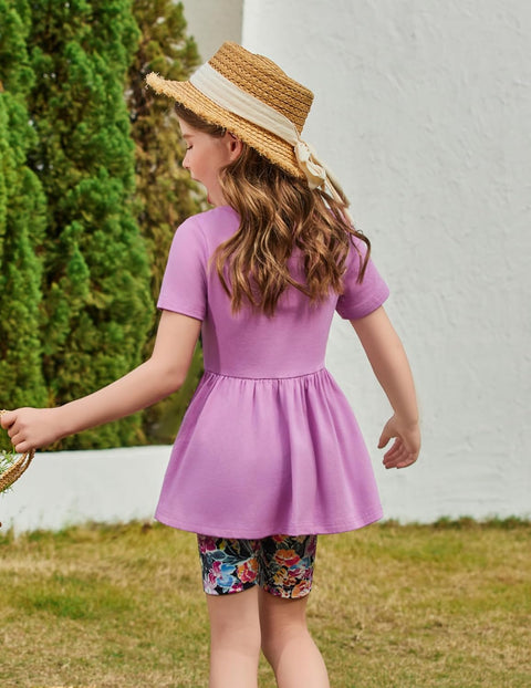 Arshiner Girls Summer Outfits Short Sleeve Ruffle Hem Top and Biker Shorts Set Girl Clothes 6-14 Years