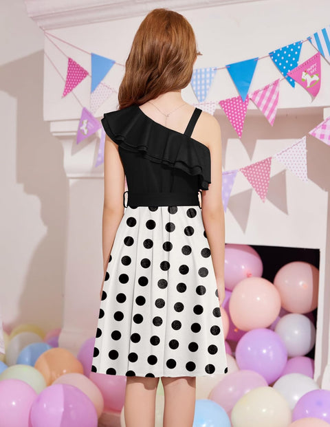 [5Y-12Y] Arshiner Girls Dress One Shoulder Formal Ruffle Trim Party Dresses