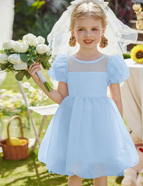 Arshiner Girls Dress Contrast Mesh Puff Flowy Bubble Hem Dresses